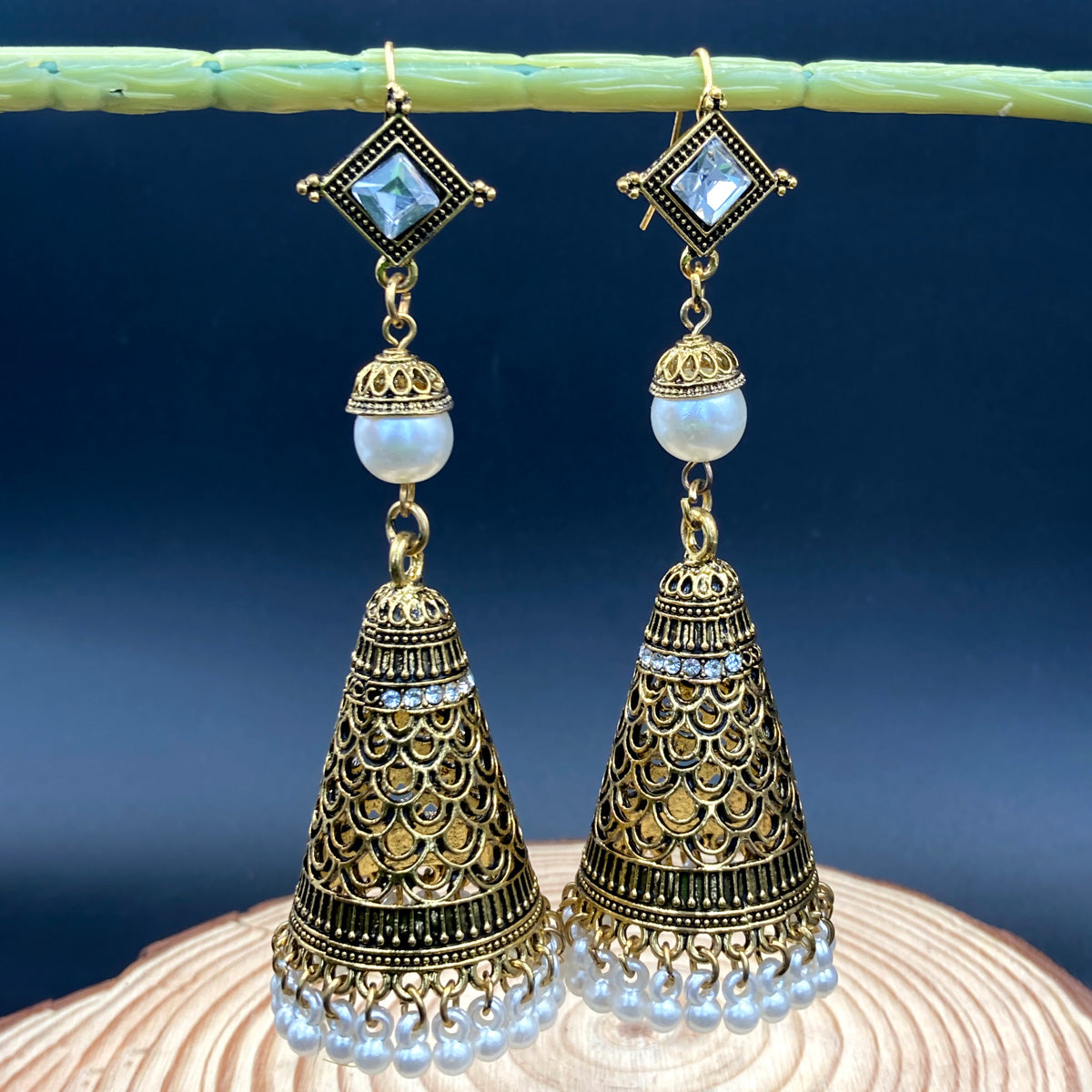 Golden Oxidised Earrings With Decorated Pearls - Image 2
