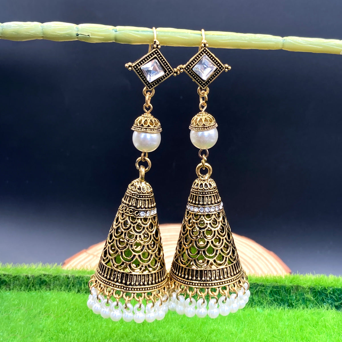 Golden Oxidised Earrings With Decorated Pearls - Image 3
