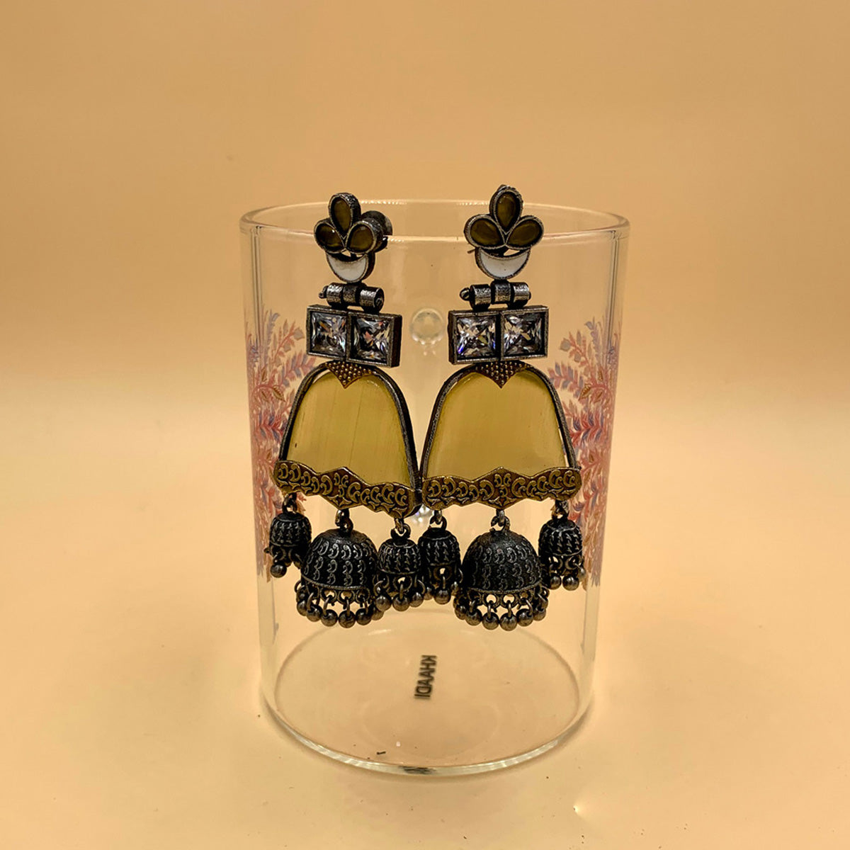 Madhu Yellow Premium Oxidised Drop Jhumka Earrings With Ghungroo
