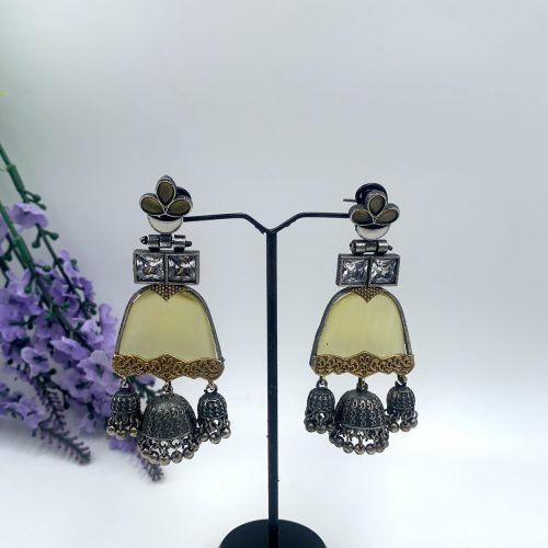 Madhu Yellow Premium Oxidised Drop Jhumka Earrings With Ghungroo