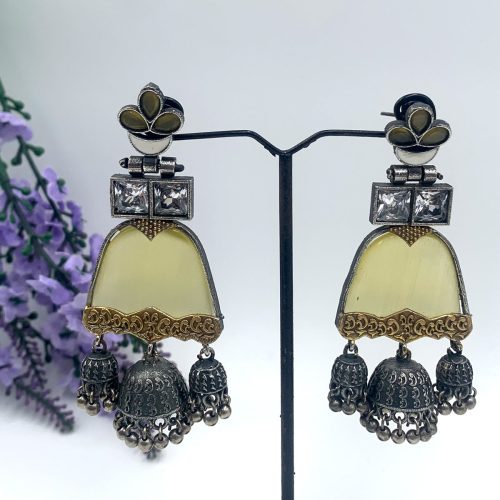 Madhu Yellow Premium Oxidised Drop Jhumka Earrings With Ghungroo