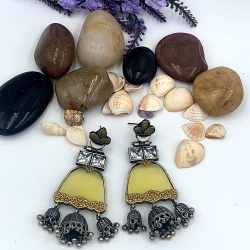 Madhu Yellow Premium Oxidised Drop Jhumka Earrings With Ghungroo