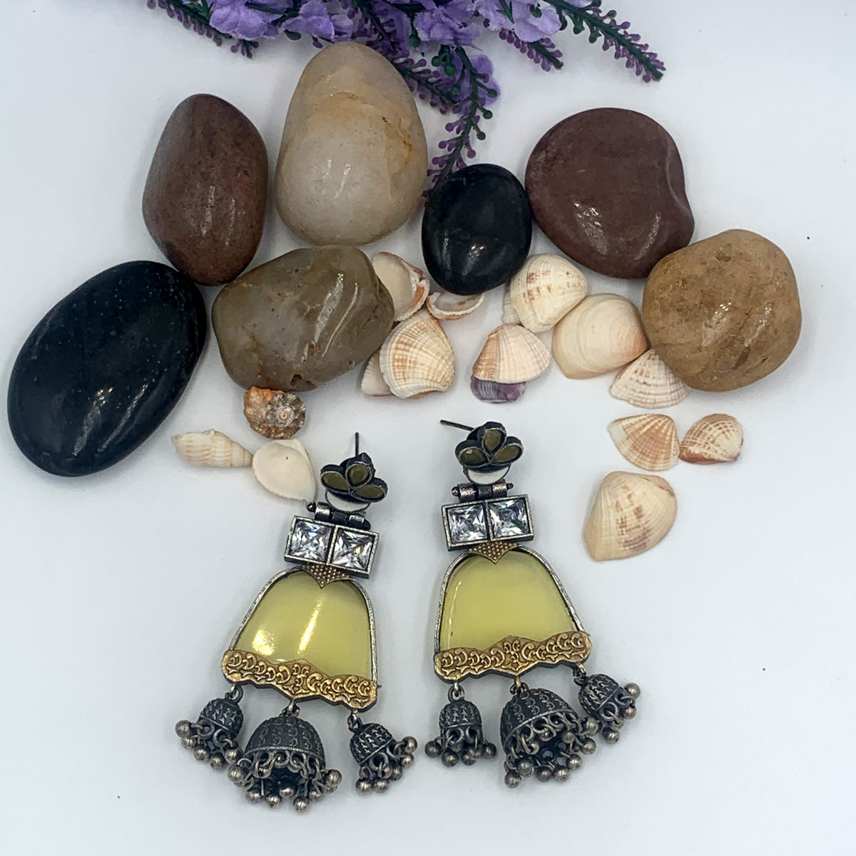 Madhu Yellow Premium Oxidised Drop Jhumka Earrings With Ghungroo - Image 5